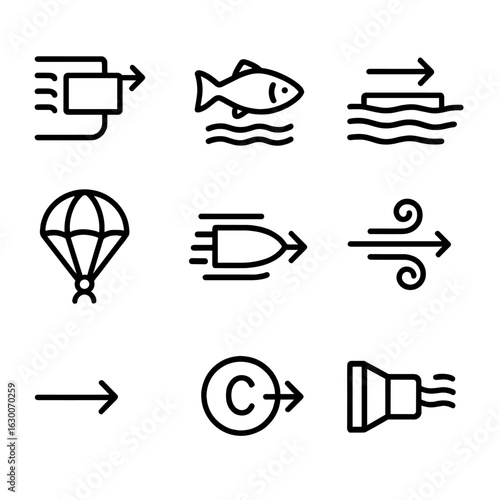Drag Concept Icons. Outline icon set of drag concepts: air resistance, water drag, friction, parachute, streamlined body,