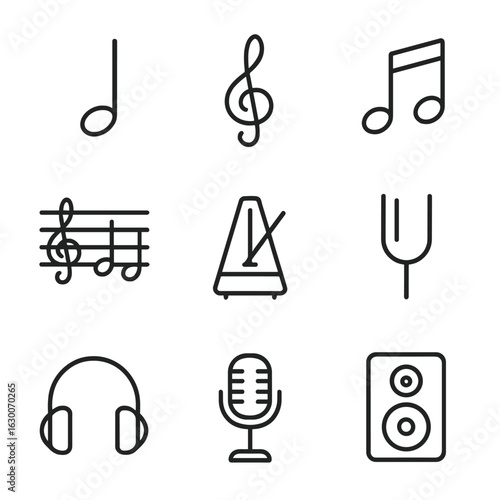 Musical Icons Grid. Outline icon set of cultural musical symbols: musical notes, clefs, sheet music, metronome