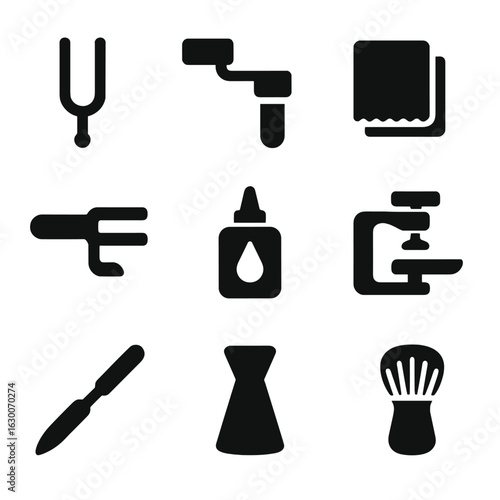 Musical Instrument Icons. air tools: tuning fork, string winder, cleaning cloth, peg winder, valve oil, bridge