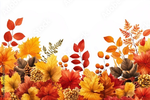 Colorful Autumn Leaves Border Frame on White Background.
