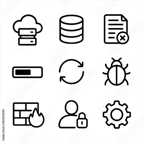 IT Monitoring Icons. Outline icon set of IT system monitoring: cloud server, database, error log, loading bar, update, bug,