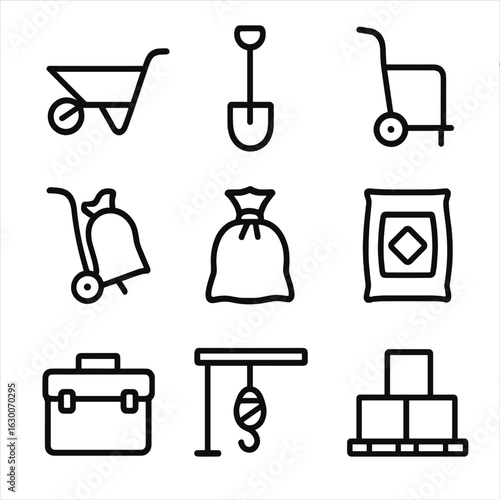 Utility Tools Icons. Outline icon set of utility loading tools: wheelbarrow, shovel, push cart, moving dolly, sack of goods,