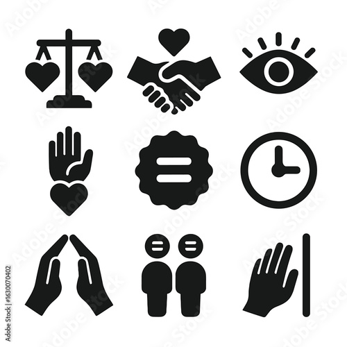 Mutual Respect Icons. Solid, filled icons set of mutual respect and understanding: balance scale with hearts,