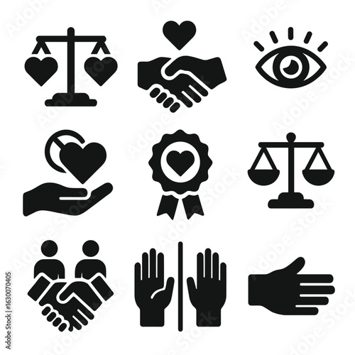 Mutual Respect Icons. Solid, filled icons set of mutual respect and understanding: balance scale with hearts,
