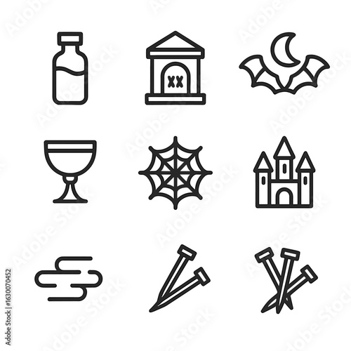 Vampire Symbols Icons. Outline icon set of vampire symbols: blood vial, crypt, moonlight, bat wings, chalice, spider web, dark