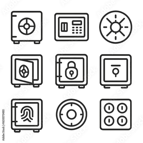 Vault Icons Collection. Outline icon set of vault and safe icons: safe door, digital safe, vault door, open safe, locked safe,
