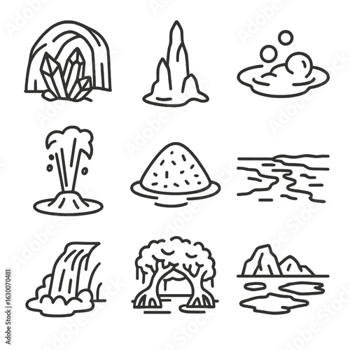 Mystical Natural Icons. Outline icon set of mystical natural sites: crystal cave, ice stalagmite, bubbling mud