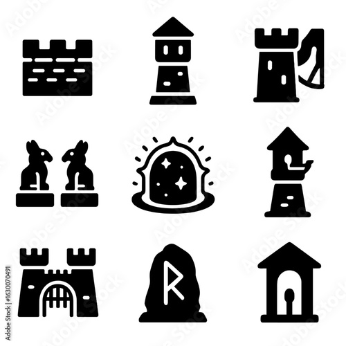 Mythical City Icons. Solid, filled icons set of mythical city defenses: city walls, watchtowers, drawbridge,