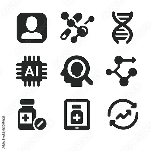 Nano-treatment System Icons. Solid, filled icons set of personalized nano-treatment systems: patient profile,