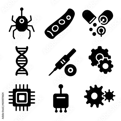 Nano-Medical Icon Set. Solid, filled icons set of nano-medical interventions: nanobot, blood vessel, targeted