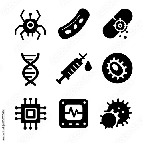 Nano-Medical Icon Set. Solid, filled icons set of nano-medical interventions: nanobot, blood vessel, targeted