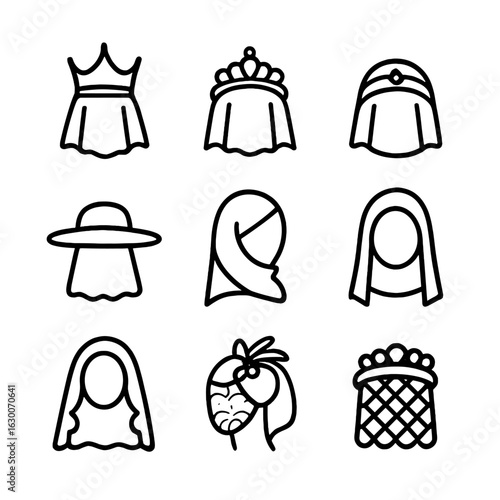 Veil Headwear Icons. Outline icon set of veil related headwear: crown, tiara, headband, hat, scarf, hood, mantilla, fascinator,