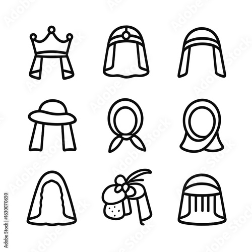 Veil Headwear Icons. Outline icon set of veil related headwear: crown, tiara, headband, hat, scarf, hood, mantilla, fascinator,
