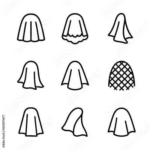 Veil Material Icons. Outline icon set of veil materials: tulle veil, lace veil, silk veil, chiffon veil, organza veil, net veil,