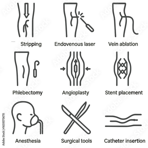 Vein Surgery Icon Set. Outline icon set of vein surgery and procedures: vein stripping, endovenous laser treatment, vein ablation,