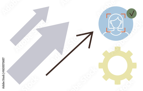 Three upward arrows, a user profile recognition icon with a tick, and a gearwheel. Ideal for progress, growth, innovation, user targeting, automation business strategy teamwork. Simple flat