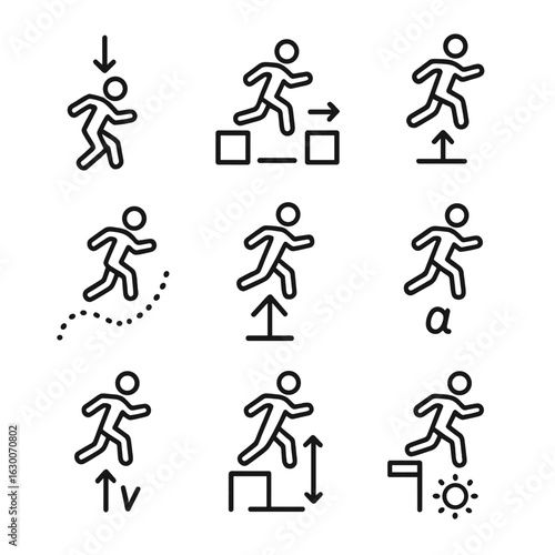 Jump Physics Icons Set. Outline icon set of jump physics concepts: gravitational jump, momentum jump, impulse jump, trajectory