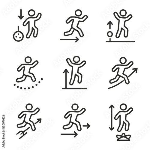 Jump Physics Icons Set. Outline icon set of jump physics concepts: gravitational jump, momentum jump, impulse jump, trajectory