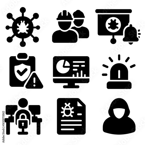 National Cyber Icons. Solid, filled icons set of national cyber threat response: threat intelligence hub,