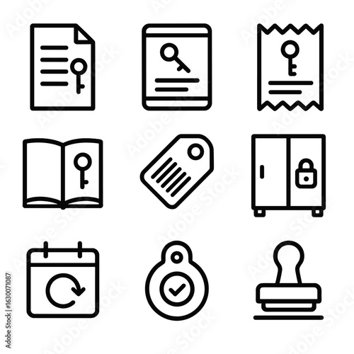 Key Management Icons. Outline icon set of key management: key inventory list, digital key log, key issue receipt, audit logbook,