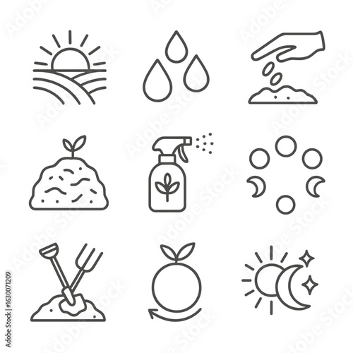 Nature Agriculture Icons. Outline icon set of nature-based agriculture: sun rays, water drops, planting seeds,