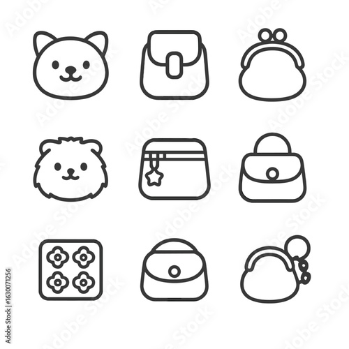 Kids' Coin Purse Icons. Outline icon set of kids’ coin purses: cartoon animal face, velcro strap, rubber pouch, plush fabric, fun