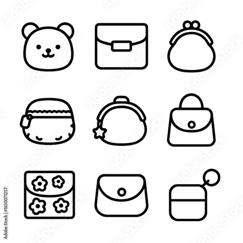 Kids' Coin Purse Icons. Outline icon set of kids’ coin purses: cartoon animal face, velcro strap, rubber pouch, plush fabric, fun