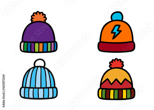 Set of colorful winter hats in cartoon style. Four different beanies with pom-poms and patterns, perfect for children’s apparel, holiday designs, or seasonal illustration projects.