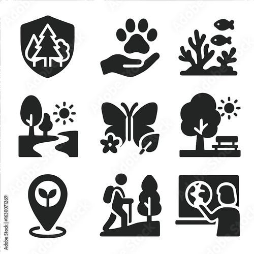 Nature Conservation Icons. Solid, filled icons set of Nature conservation and climate: forest preservation,