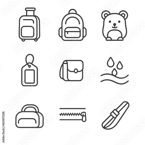 Kids' Travel Bag Icons. Outline icon set of kids’ travel bags: cartoon rolling bag, mini backpack, animal-shaped bag, name tag,
