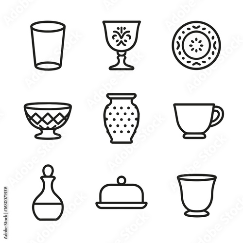 Vintage Glass Icons. Outline icon set of kitchen glass containers: measuring cup, glass bowl, storage jar, spice bottle, oil