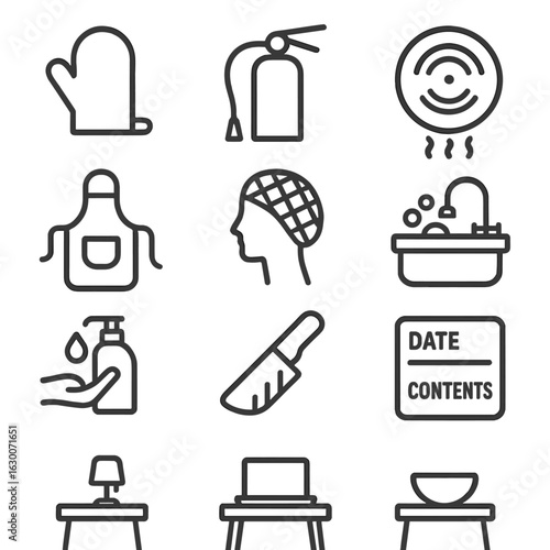 Kitchen and Table Icons. Outline icon set of kitchen safety and hygiene: oven mitt, fire extinguisher, smoke detector, apron, hair