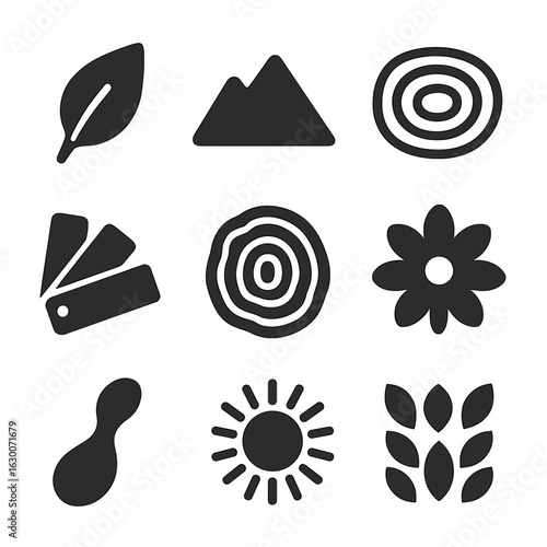 Nature-Inspired Icon Grid. Solid, filled icons set of graphic design trends nature inspired design example: