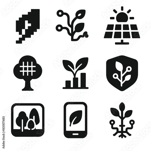 Nature-Tech Icon Set. Solid, filled icons set of nature-meets-technology visual style: pixelated leaf, circuit