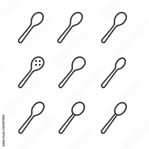 Kitchen Spoon Icons. Outline icon set of kitchen spoons: wooden spoon, silicone spoon, metal spoon, nylon spoon, heat-resistant