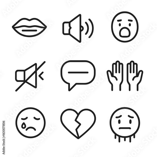 Icons of Voiceless Despair. Outline icon set of voiceless despair: muted lips, broken speaker, silent scream, crossed megaphone,
