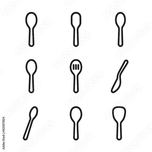 Kitchen Spoon Icons. Outline icon set of kitchen spoons: wooden spoon, silicone spoon, metal spoon, nylon spoon, heat-resistant
