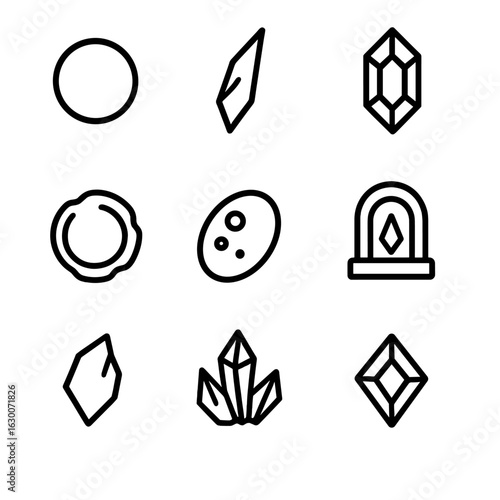 Void Object Icons. Outline icon set of void objects: black sphere, void shard, abyssal crystal, dark orb, cosmic stone, void relic