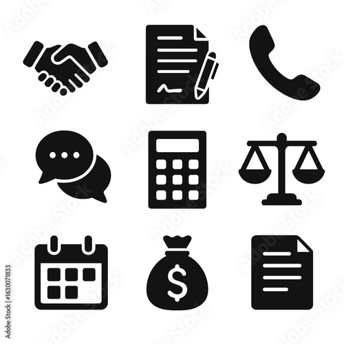 Negotiation Icons Grid. Solid, filled icons set of Negotiating with creditors: handshake, contract, phone,