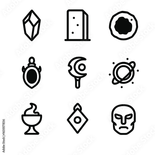 Outline Icons of Void Artifacts. Outline icon set of void artifacts: void crystal, black monolith, void relic, dark amulet,