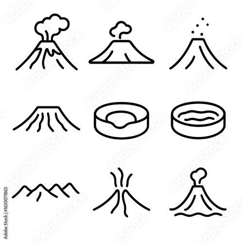 Volcanic Cone Icon Set. Outline icon set of volcanic cone geography: stratovolcano, shield volcano, cinder cone, lava plateau,