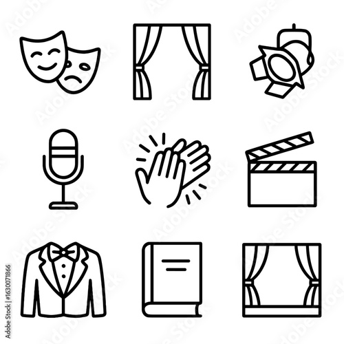 Drama Icon Set. Outline icon set of drama performance: theatrical mask, curtain, spotlight, microphone, applause hands, director’s