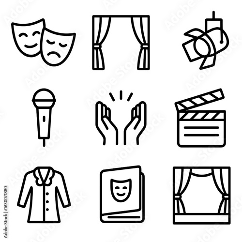 Drama Icon Set. Outline icon set of drama performance: theatrical mask, curtain, spotlight, microphone, applause hands, director’s