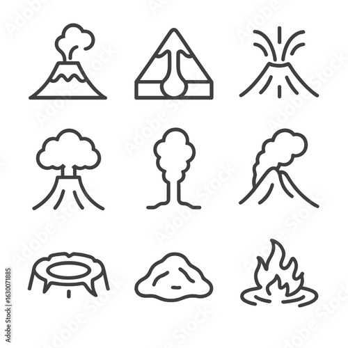 Volcanic Eruption Icons. Outline icon set of eruption nature: volcanic mountain, magma chamber, lava burst, ash plume, smoke