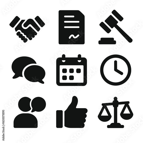 Negotiation Skills Icons. Solid, filled icons set of negotiation skills: handshake, contract, gavel, speech
