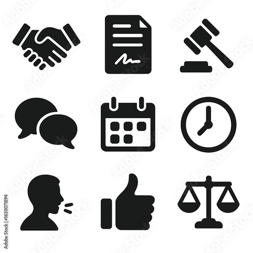 Negotiation Skills Icons. Solid, filled icons set of negotiation skills: handshake, contract, gavel, speech