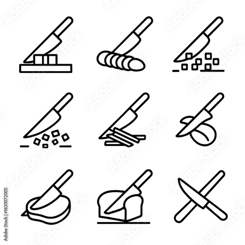 Knife Cutting Icons. Outline icon set of knife cutting actions: chopping, slicing, dicing, mincing, julienne cut, peeling, carving