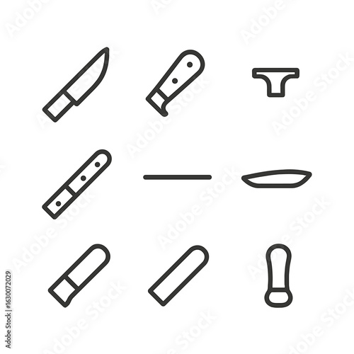 Knife Parts Icons. Outline icon set of knife parts: blade, handle, guard, tang, spine, edge, tip, bolster, pommel. Line icons in