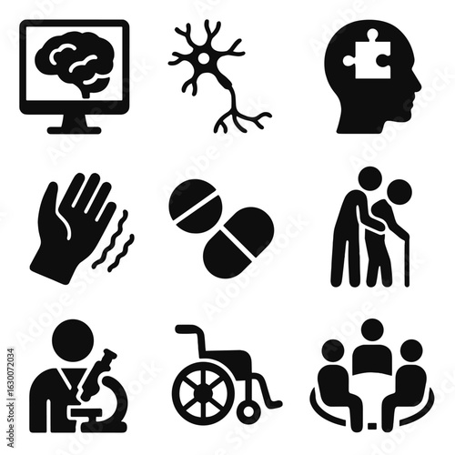 Neurodegenerative Icons Grid. Solid, filled icons set of neurodegenerative diseases (Alzheimer’s, Parkinson’s)