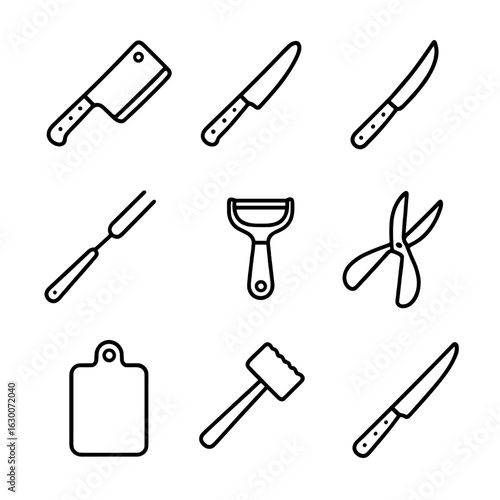 Knife Tools Icon Set. Outline icon set of knife-related kitchen tools: cleaver, boning knife, fillet knife, carving fork, peeler,